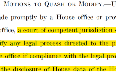 Continuing Resolution for Budget Contains Section to QUASH Subpoenas in ANY Court for House Member e-mails