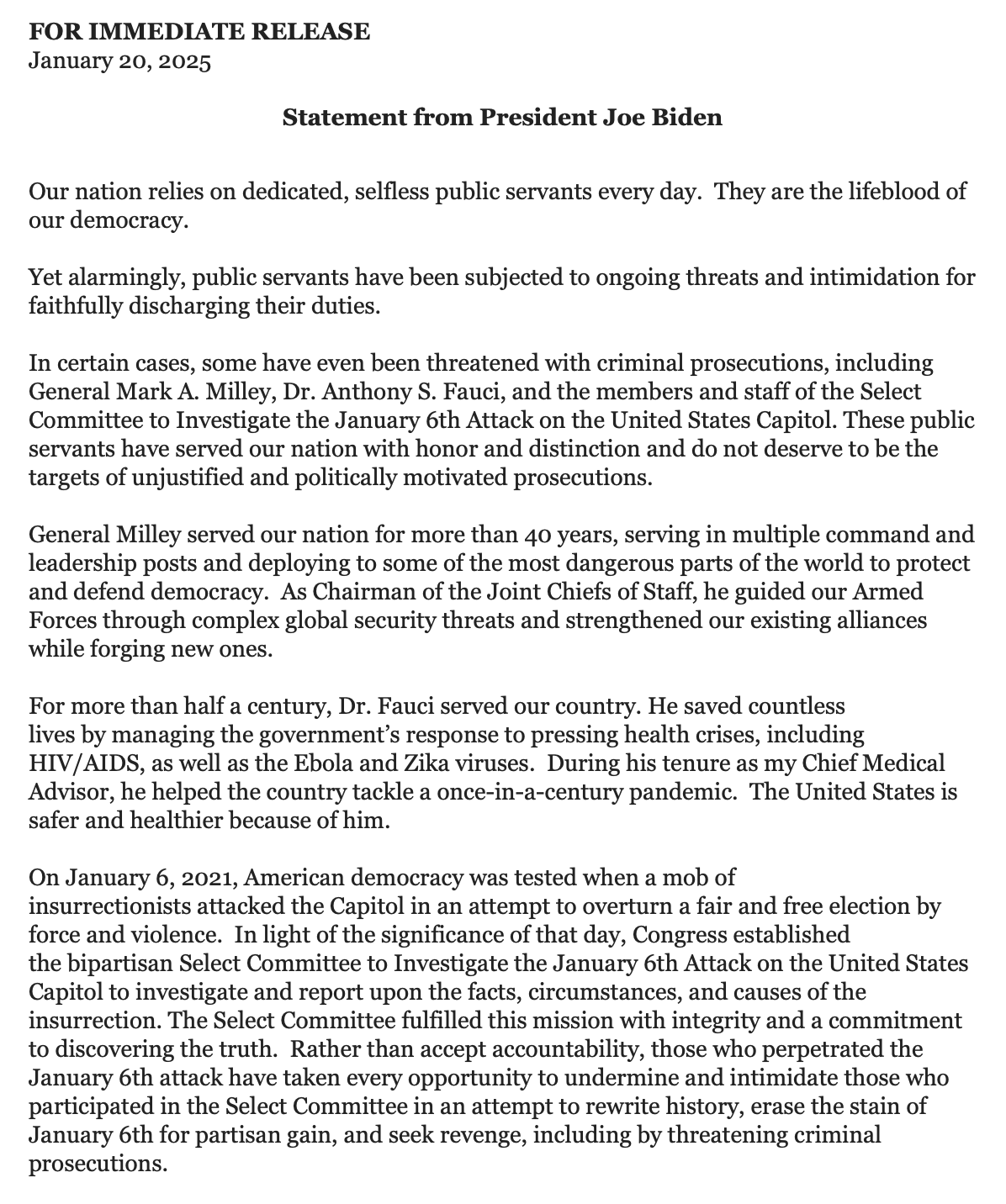 FLASH! BIDEN PARDONS MILLEY, FAUCI, J-6 COMMITTEE AND U.S. CAPITAL POLICE