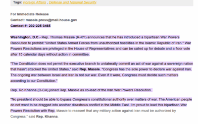 Thomas Massey Working On Limiting the War Powers Act. Pray It Works!