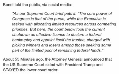 U.S. Supreme Court STAYS lower court order to Fund SNAP/EBT – No Money Going Out (license to declare a federal bankruptcy and appoint itself the trustee)