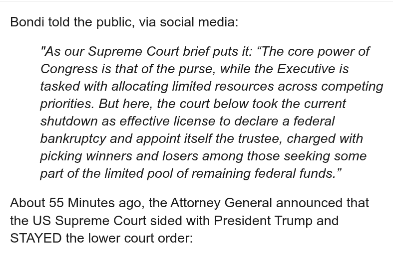 U.S. Supreme Court STAYS lower court order to Fund SNAP/EBT – No Money Going Out (license to declare a federal bankruptcy and appoint itself the trustee)