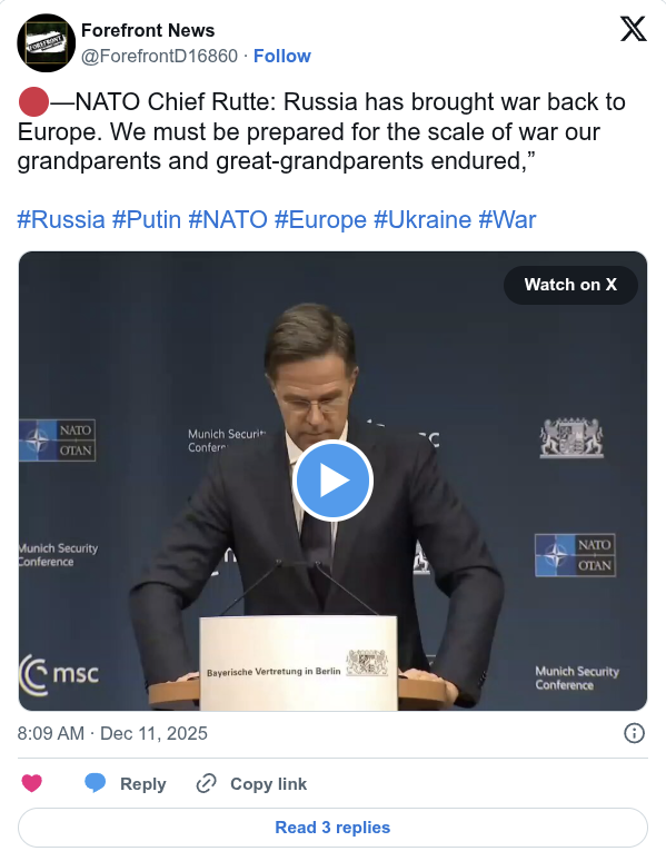 NATO Chief: “We Must Be Prepared for the scale of war our Grandparents and Great Grandparents Endured”