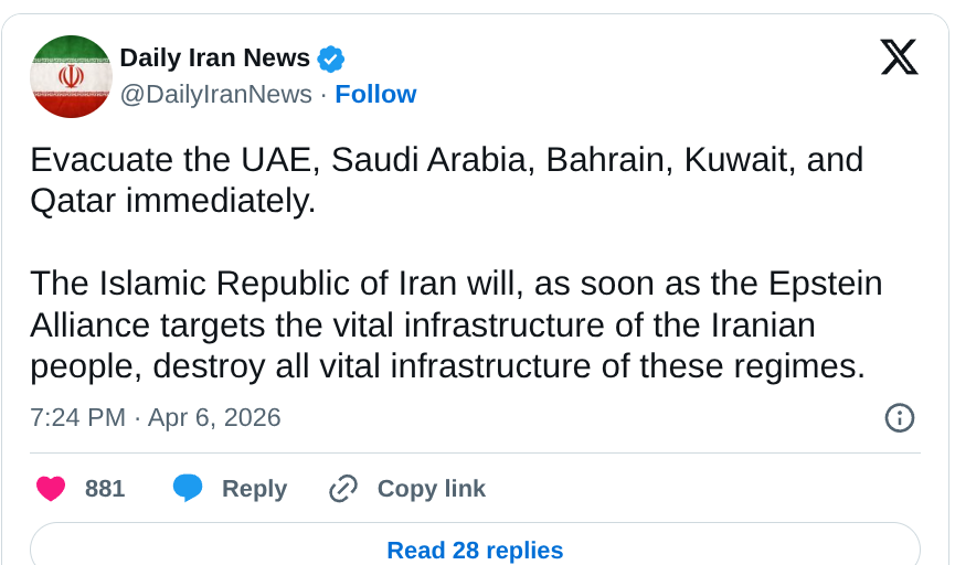 Iran Telling People “Evacuate” entire countries in Middle East